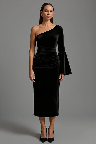 Black One Shoulder Ruched Velvet Long Holiday Party Dress