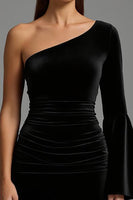 Load image into Gallery viewer, Black One Shoulder Ruched Velvet Long Holiday Party Dress