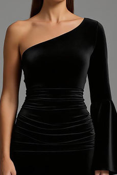 Black One Shoulder Ruched Velvet Long Holiday Party Dress