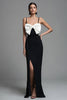 Load image into Gallery viewer, Black and White Spaghetti Straps Sheath Bow Long Formal Dress with Slit