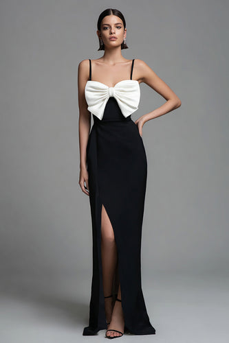 Black and White Spaghetti Straps Sheath Bow Long Formal Dress with Slit