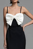 Load image into Gallery viewer, Black and White Spaghetti Straps Sheath Bow Long Formal Dress with Slit