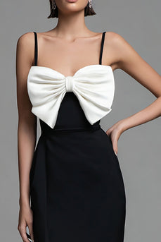 Black and White Spaghetti Straps Sheath Bow Long Formal Dress with Slit