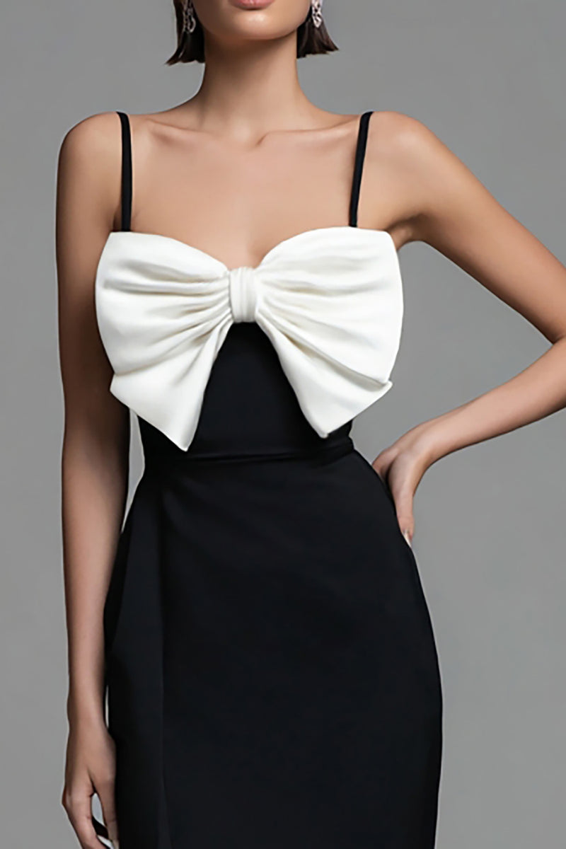 Load image into Gallery viewer, Black and White Spaghetti Straps Sheath Bow Long Formal Dress with Slit