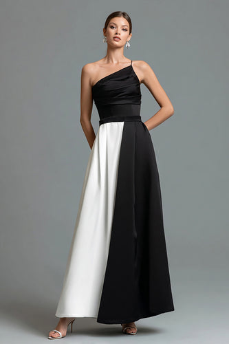 Black and White Patchwork Satin A Line Long Formal Dress