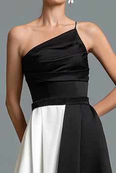 Black and White Patchwork Satin A Line Long Formal Dress
