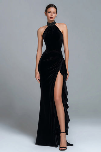 Simple Black Halter Sheath Beaded Long Holiday Party Dress with Slit
