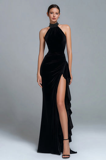 Simple Black Halter Sheath Beaded Long Holiday Party Dress with Slit