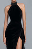 Load image into Gallery viewer, Simple Black Halter Sheath Beaded Long Holiday Party Dress with Slit