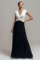 Load image into Gallery viewer, Chiffon Black and White V Neck Sheath Long Formal Dress