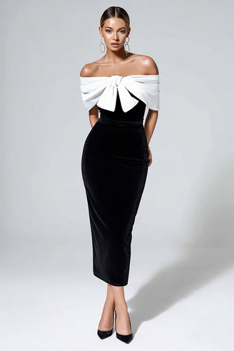 Black and White Velvet Bodycon Maxi Cocktail Dress with Bow