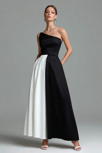 Black and White Satin Patchwork A Line Long Formal Dress