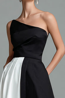 Black and White Satin Patchwork A Line Long Formal Dress