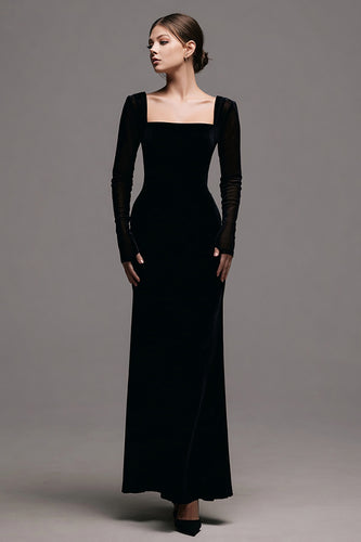 Simple Black Velvet Sheath Long Sleeves Holiday Party Dress