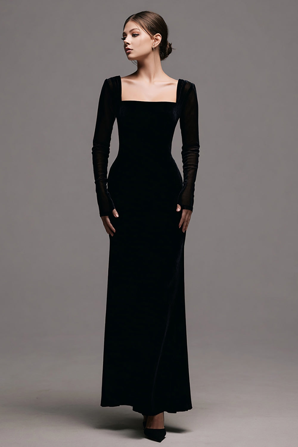 Simple Black Velvet Sheath Long Sleeves Holiday Party Dress