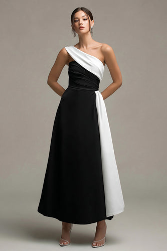 Satin Black and White A Line Long Formal Dress