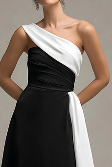 Satin Black and White A Line Long Formal Dress