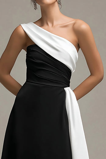 Satin Black and White A Line Long Formal Dress