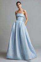 Load image into Gallery viewer, Simple Sky Blue Satin A Line Strapless Long Formal Dress