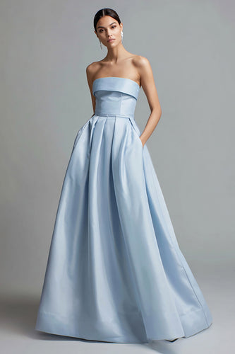 Simple Sky Blue Satin A Line Strapless Long Formal Dress