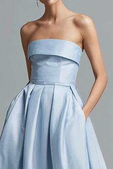 Simple Sky Blue Satin A Line Strapless Long Formal Dress