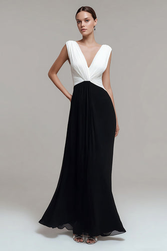 Black and White Chiffon V Neck Ruched Long Formal Dress