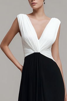 Black and White Chiffon V Neck Ruched Long Formal Dress