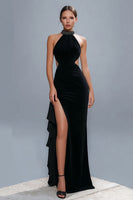 Load image into Gallery viewer, Sheath Halter Cut Out Long Black Tie Dress with Slit