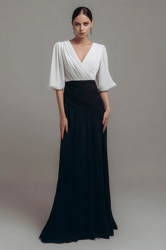 Chiffon Black and White Ruched Long Formal Dress with Sleeves