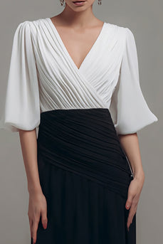 Chiffon Black and White Ruched Long Formal Dress with Sleeves