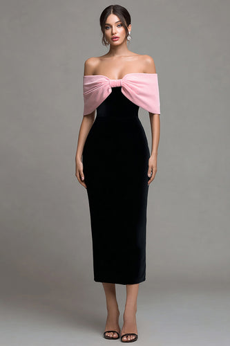 Black and Pink Velvet Strapless Bodycon Maxi Holiday Party Dress with Bow