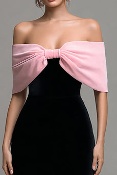 Black and Pink Velvet Strapless Bodycon Maxi Holiday Party Dress with Bow