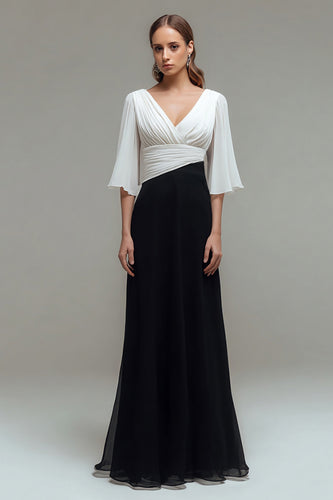 Black and White Chiffon Ruched Maxi Formal Dress with Sleeves