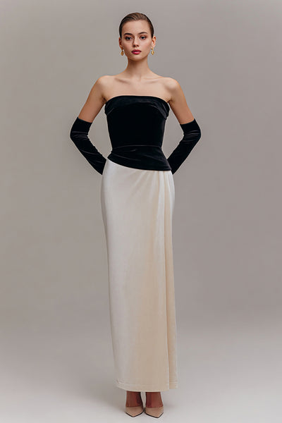 Black and Champagne Velvet Strapless Sheath Long Holiday Party Dress
