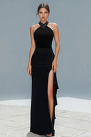 Load image into Gallery viewer, Black Sheath Halter Ruched Long Holiday Party Dress with Slit
