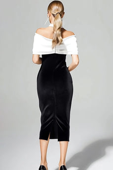 Black and White Velvet Bodycon Maxi Holiday Party Dress with Bow