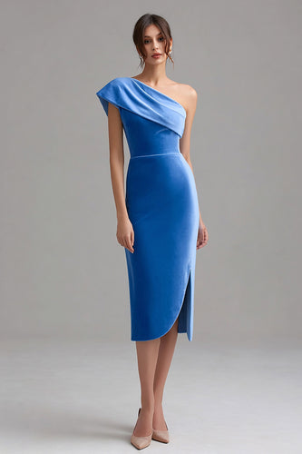 Blue Velvet One Shoulder Midi Bodycon Holiday Party Dress with Slit