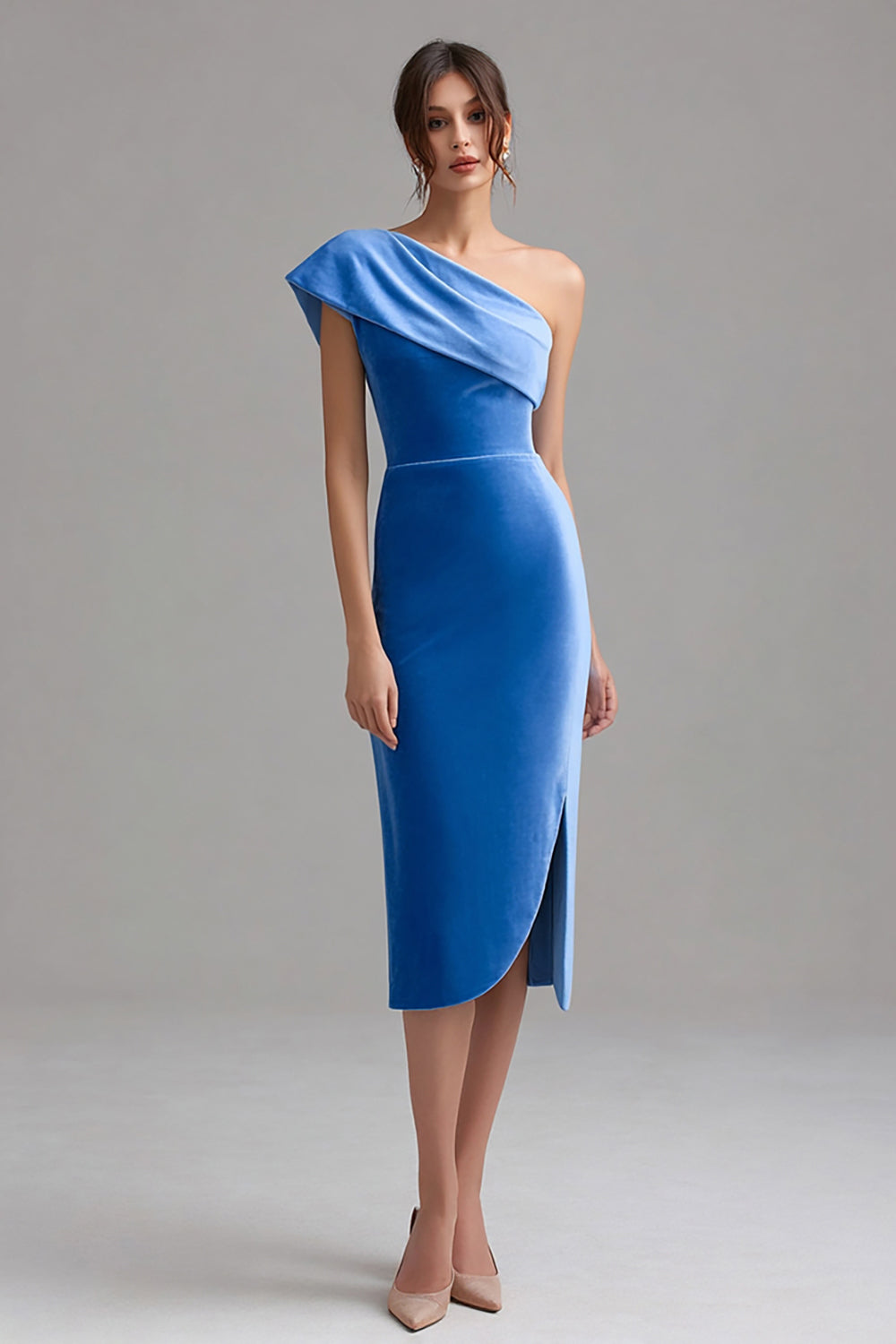 Blue Velvet One Shoulder Midi Bodycon Holiday Party Dress with Slit