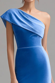 Blue Velvet One Shoulder Midi Bodycon Holiday Party Dress with Slit