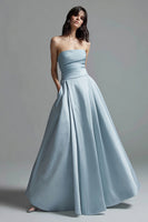 Load image into Gallery viewer, Sky Blue Satin Strapless Ruched A Line Long Formal Dress