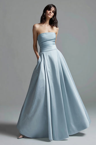 Sky Blue Satin Strapless Ruched A Line Long Formal Dress