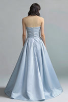 Load image into Gallery viewer, Sky Blue Satin Strapless Ruched A Line Long Formal Dress
