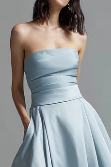 Sky Blue Satin Strapless Ruched A Line Long Formal Dress