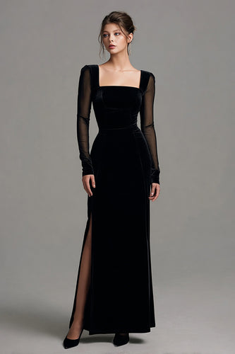 Black Sheath Velvet Long Sleeves Hodliday Party Dress with Slit