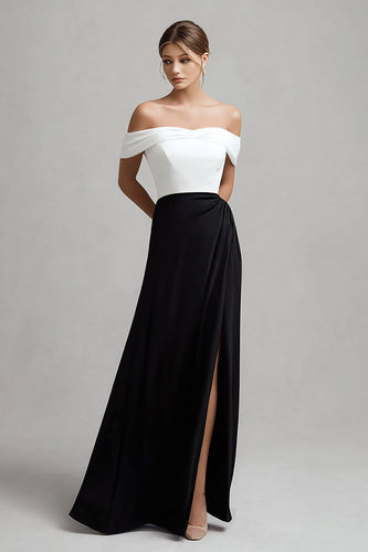 Black and White Satin Off the Shoulder Long Formal Dress with Slit