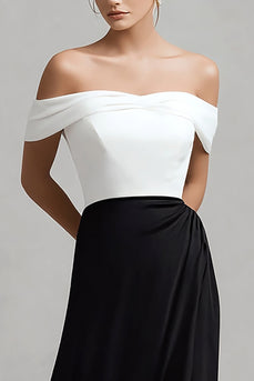 Black and White Satin Off the Shoulder Long Formal Dress with Slit