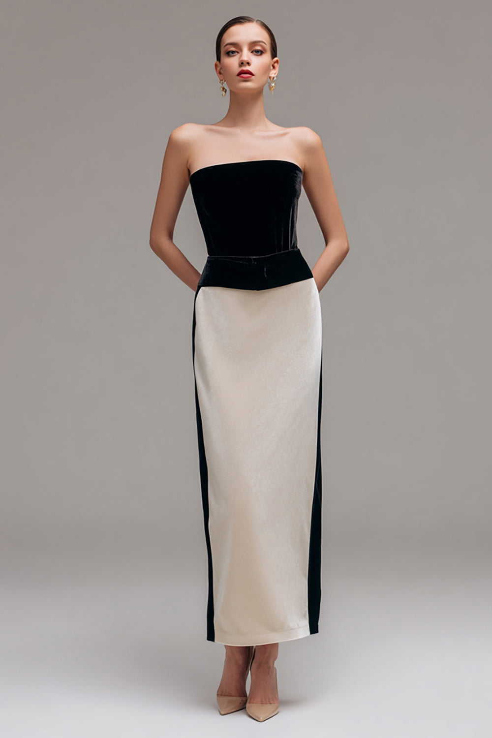 Black and Champagne Sheath Patchwork Long Holiday Party Dress