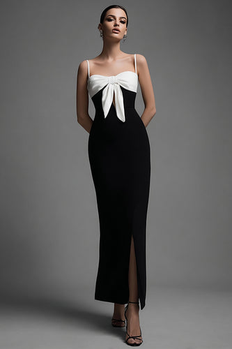 Black and White Sheath Spaghetti Straps Bow Long Formal Dress with Slit