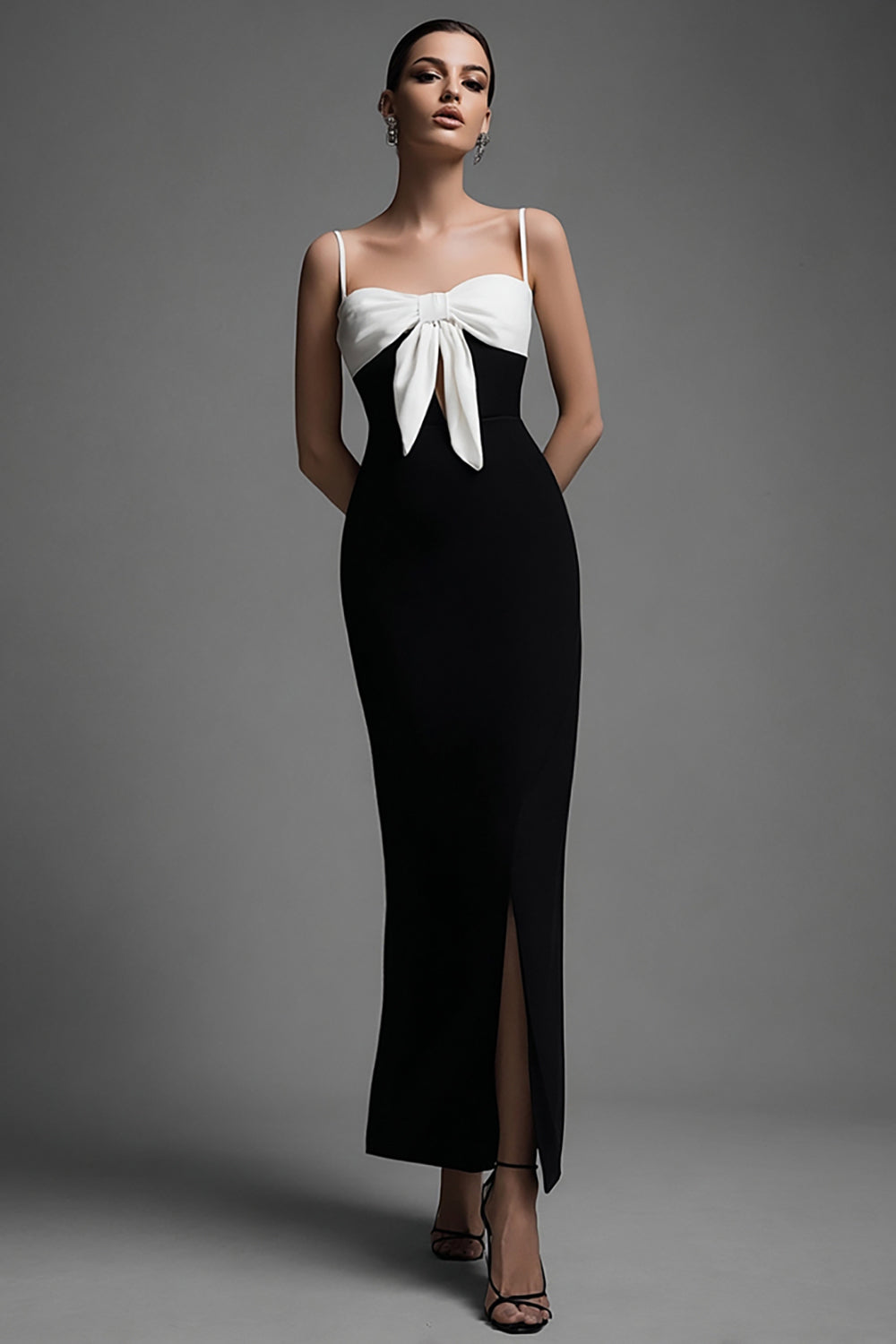 Black and White Sheath Spaghetti Straps Bow Long Formal Dress with Slit