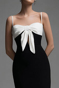 Black and White Sheath Spaghetti Straps Bow Long Formal Dress with Slit